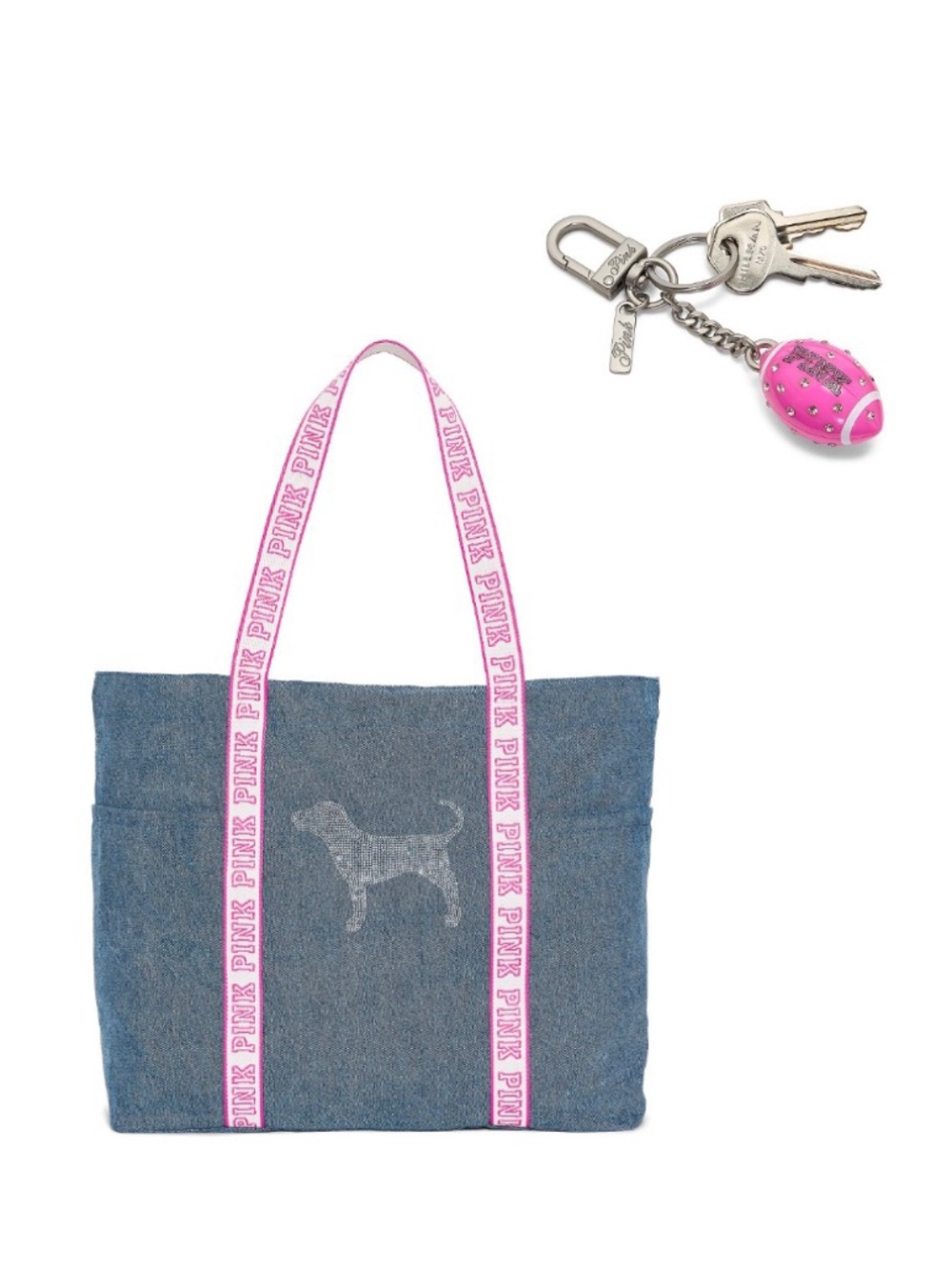 PINK Victoria's Secret Denim Tote with Pink Football Keychain
